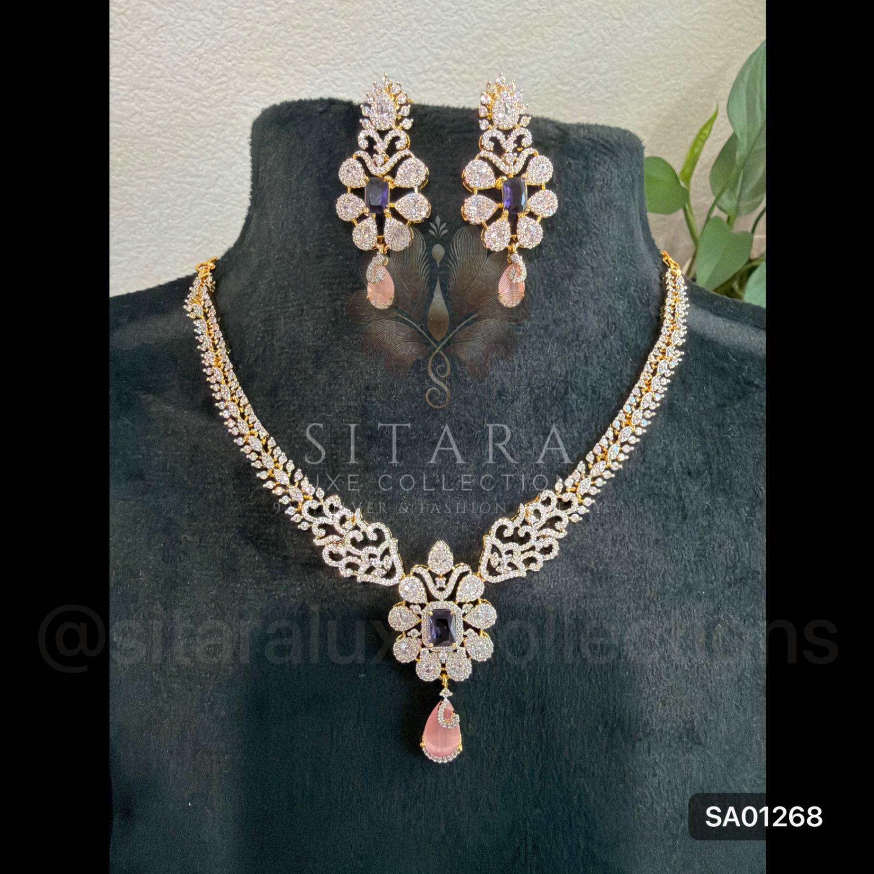 CZ Necklace Set (Green, Violet)