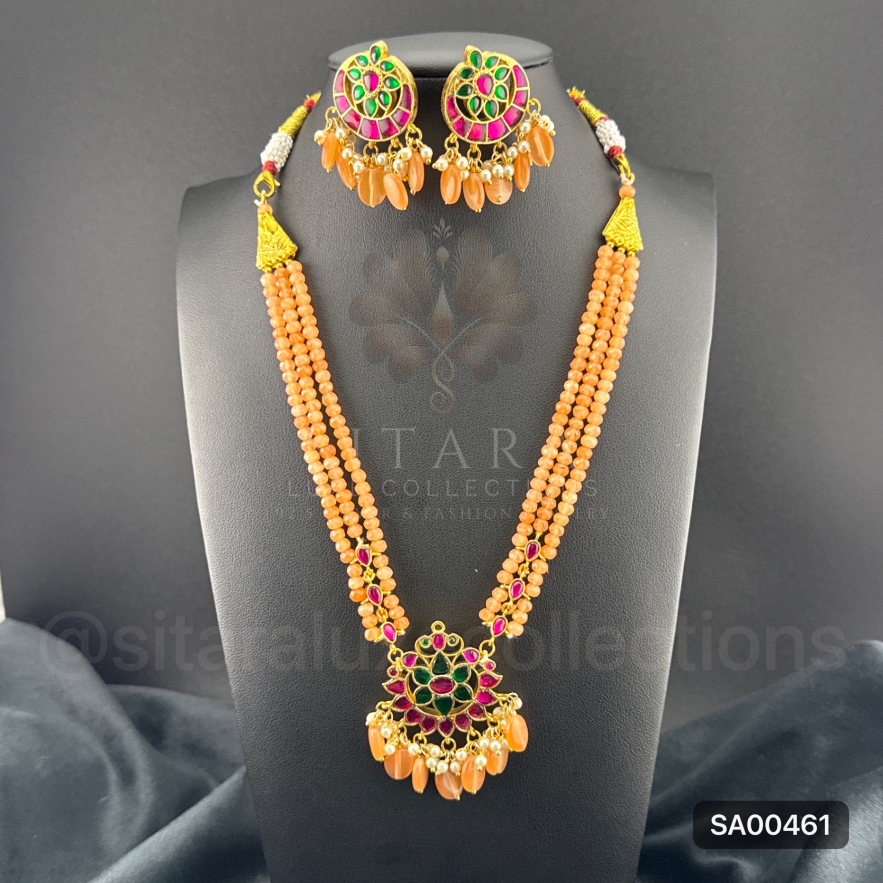 Cz Peach Bead Kundan Chian Set