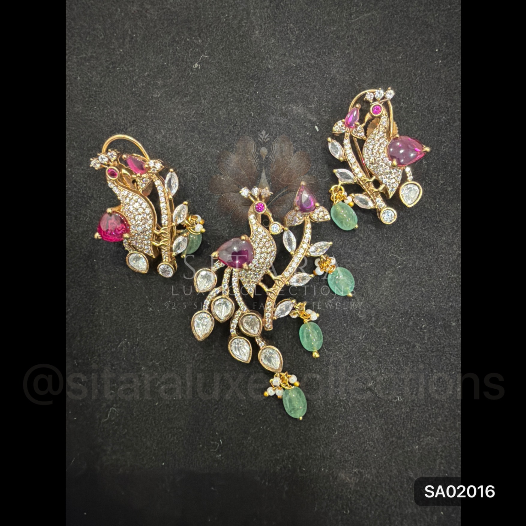 Pink Peacock With Emerald Drop Pendant Set
