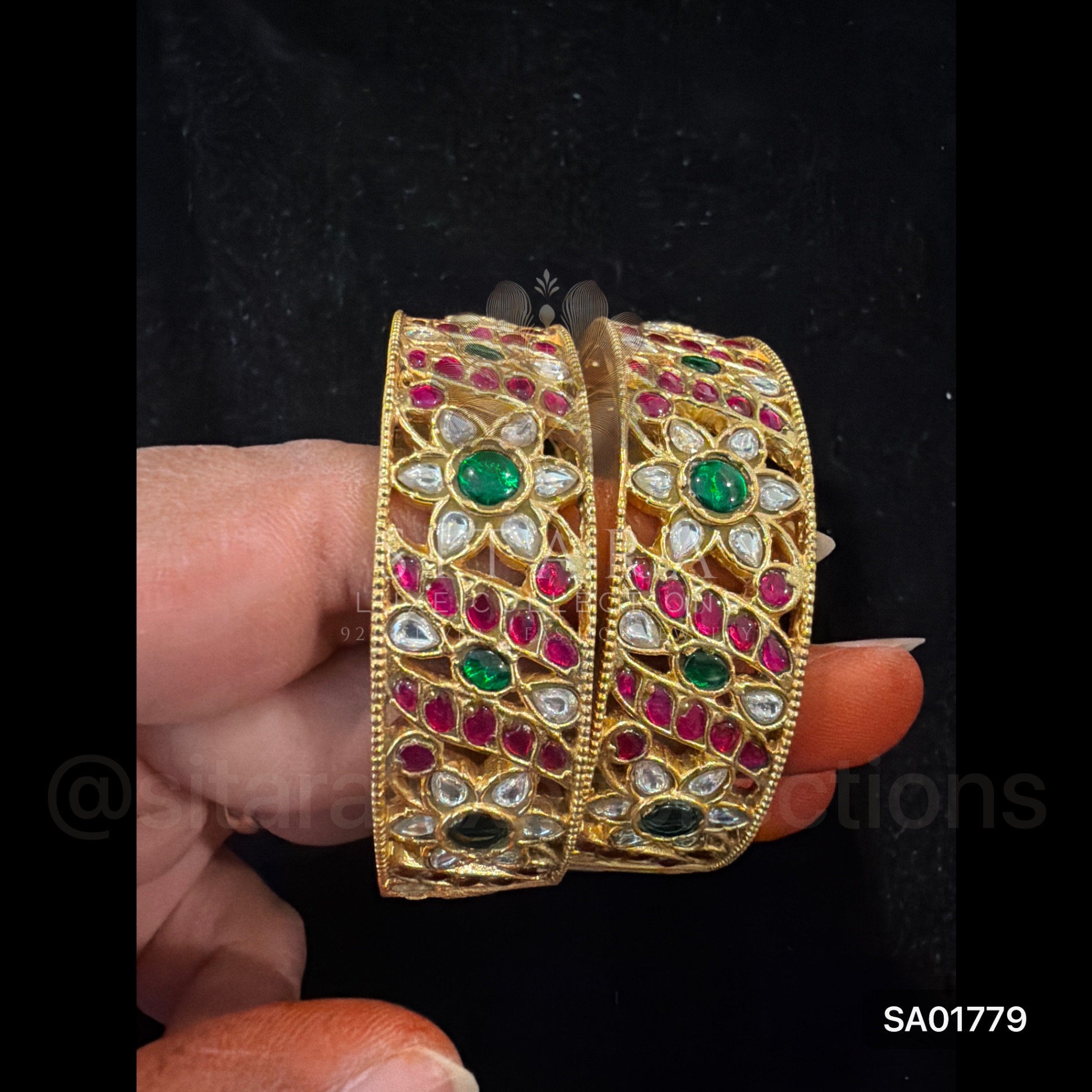 Wide Flower Jadau Kundan Openable Bangles