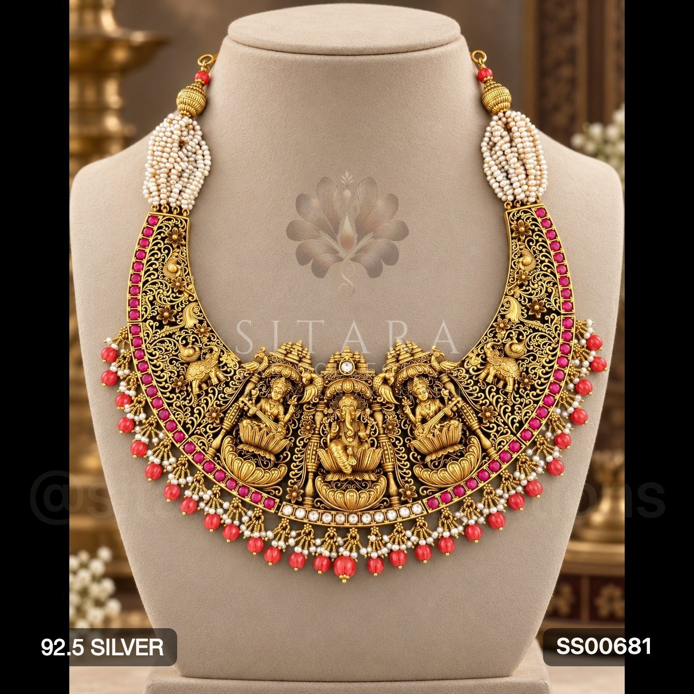 Temple Nakshi 3D Ganesha - Lakshmi & Saraswathi Ma Necklace With Coral Hangings (No Ear-rings)