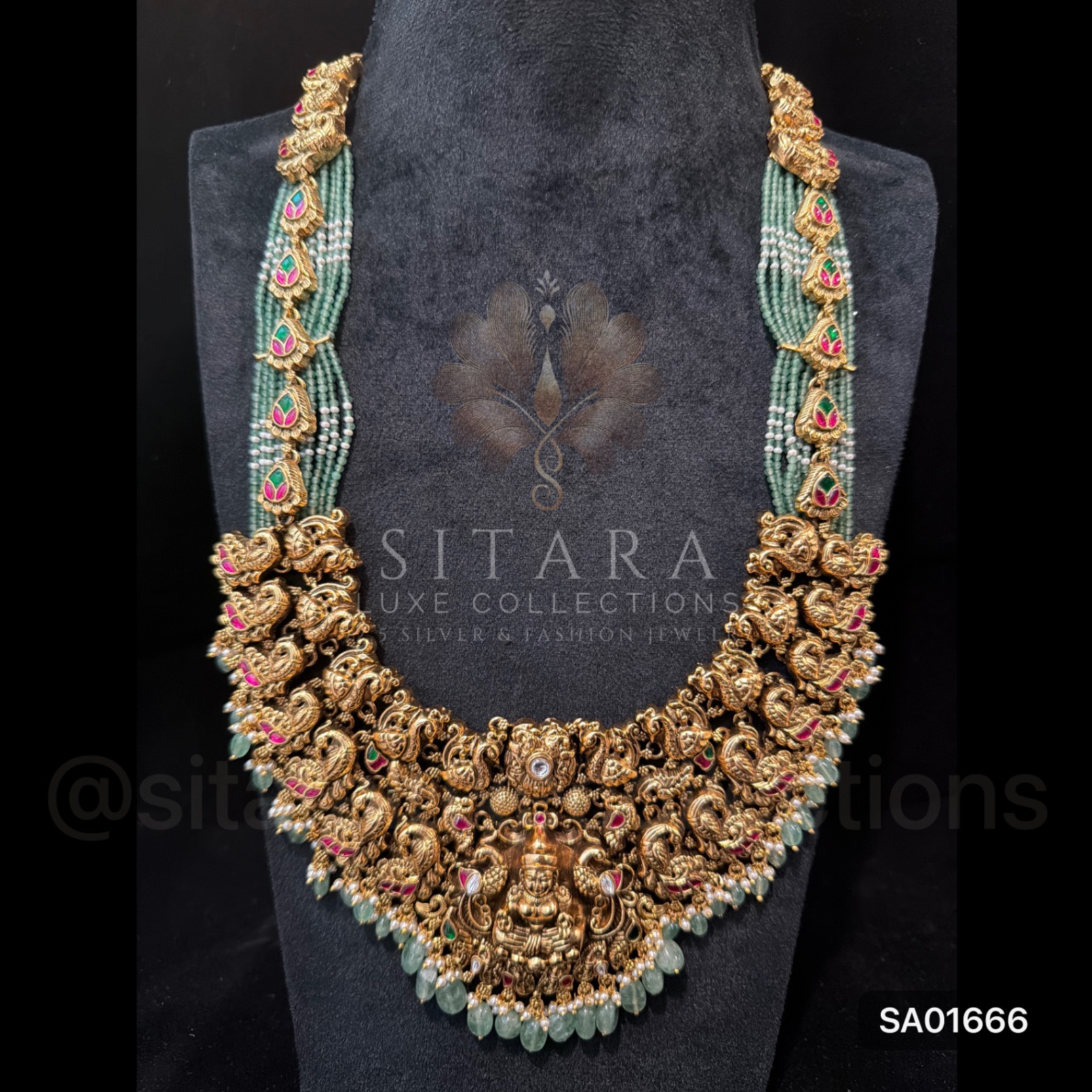 Green Beads Lakshmi Peacock Nakshi Haaram Set