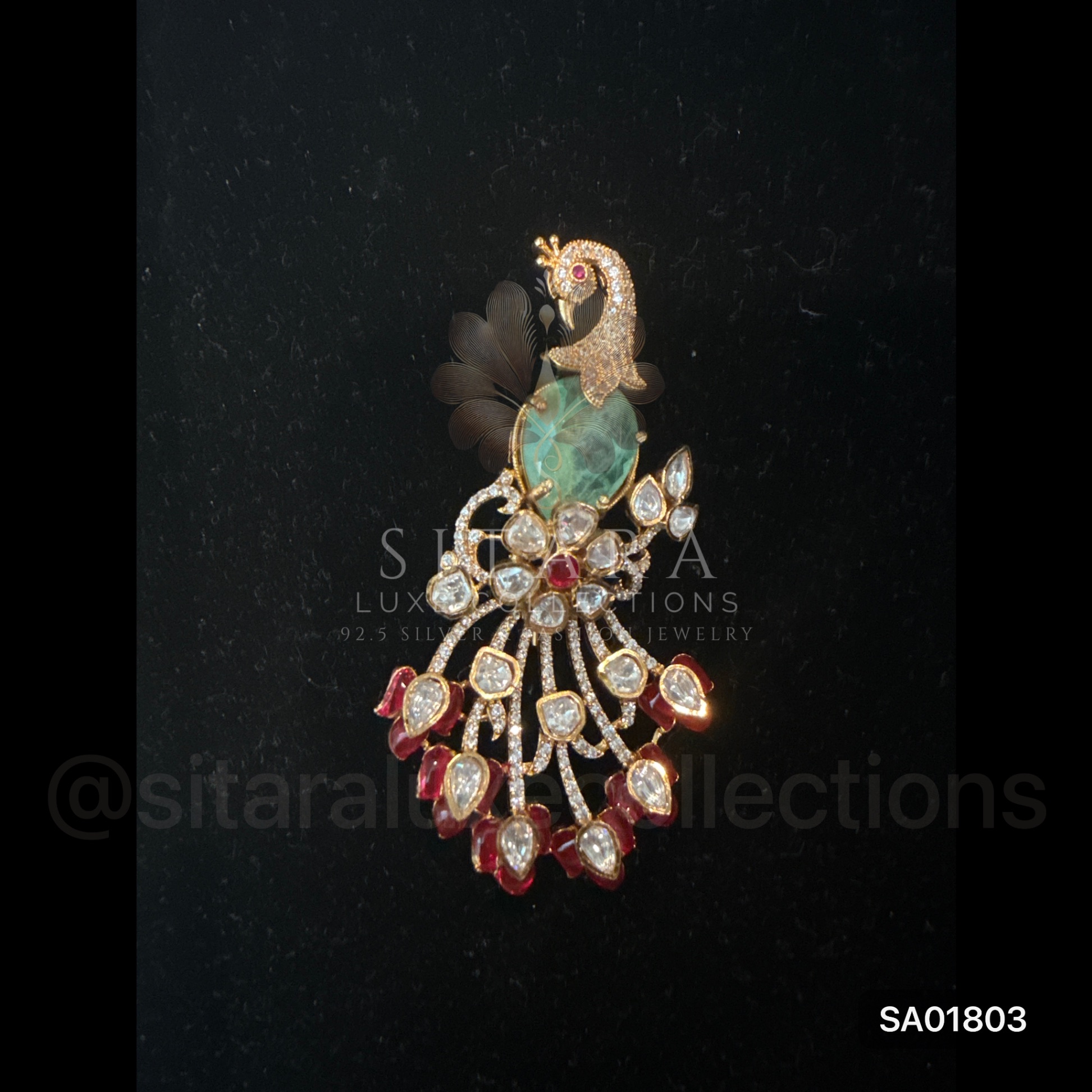 Peacock Brooch With Mint And Red Stones