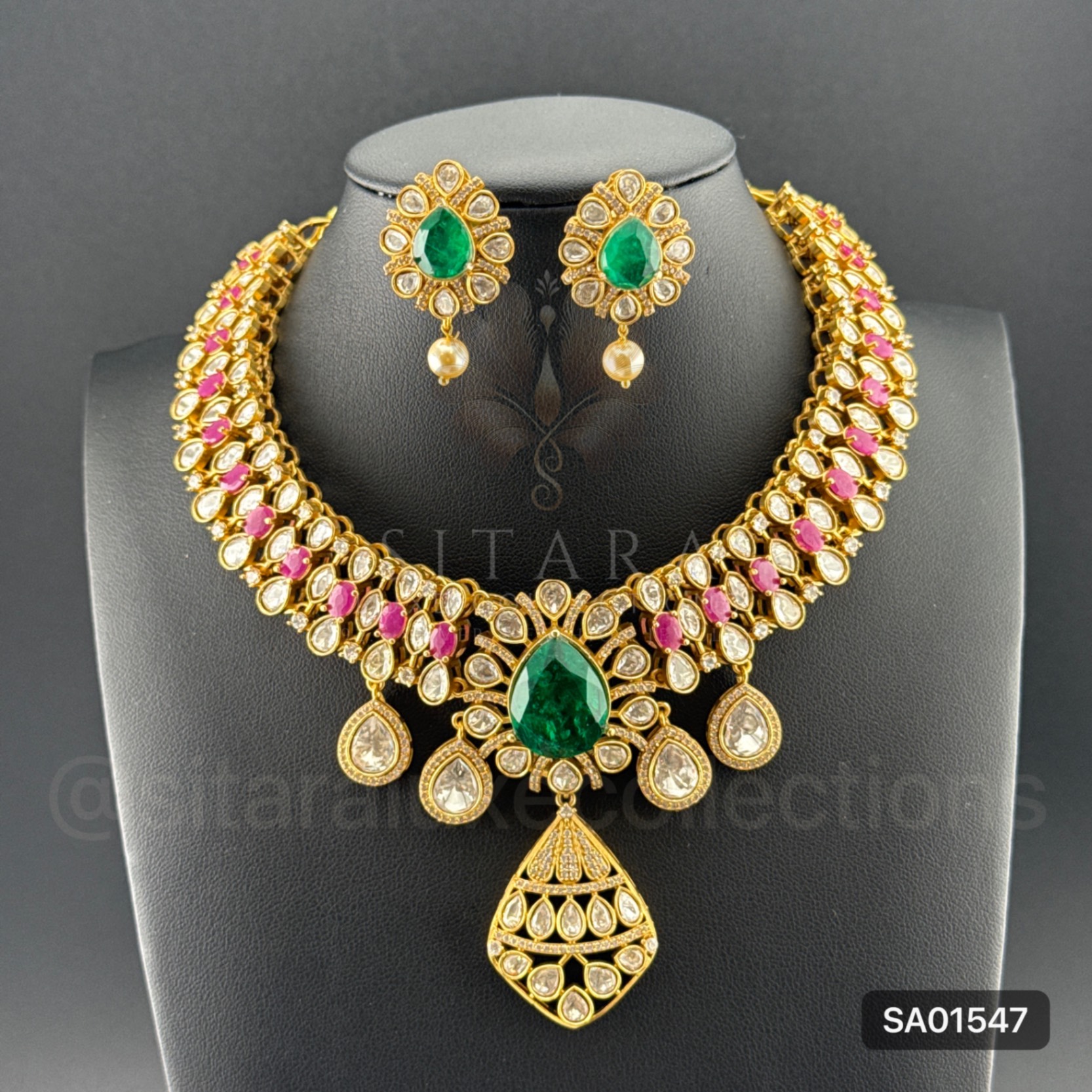 Silver Replica Green Drop Moissanite Necklace Set