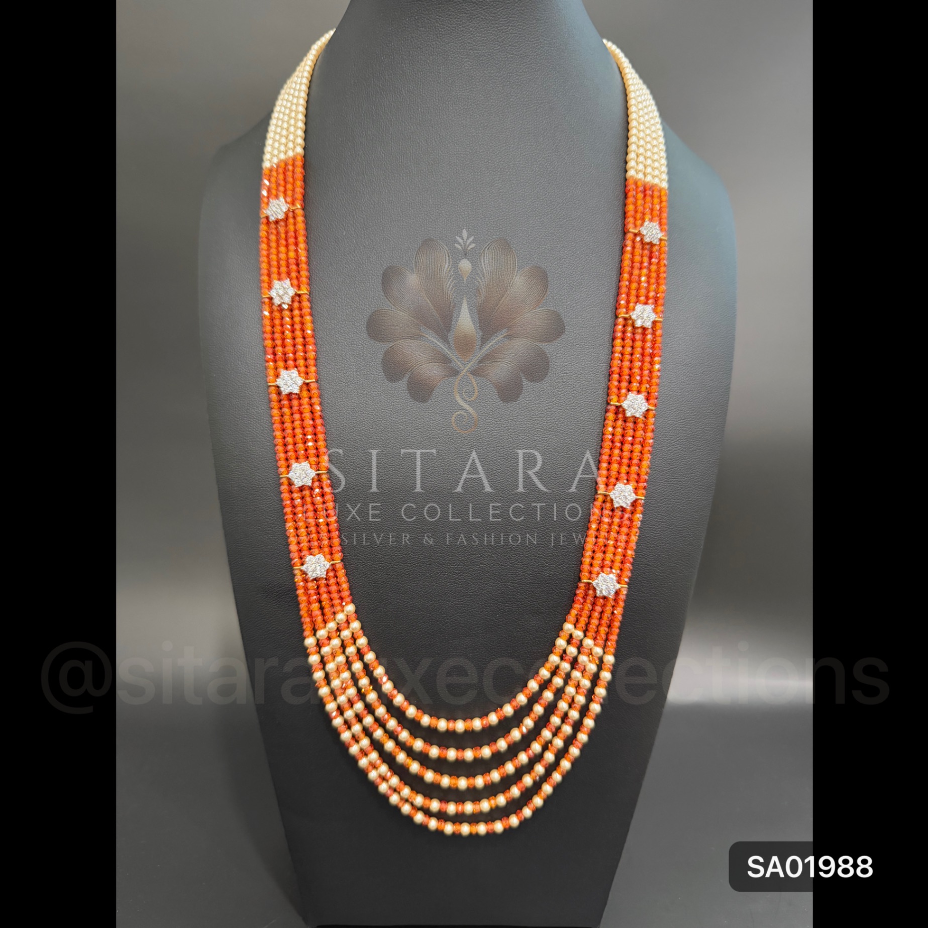 Orange/ Cream/ Brick Orange Swarovski Pearl And CZ Mala