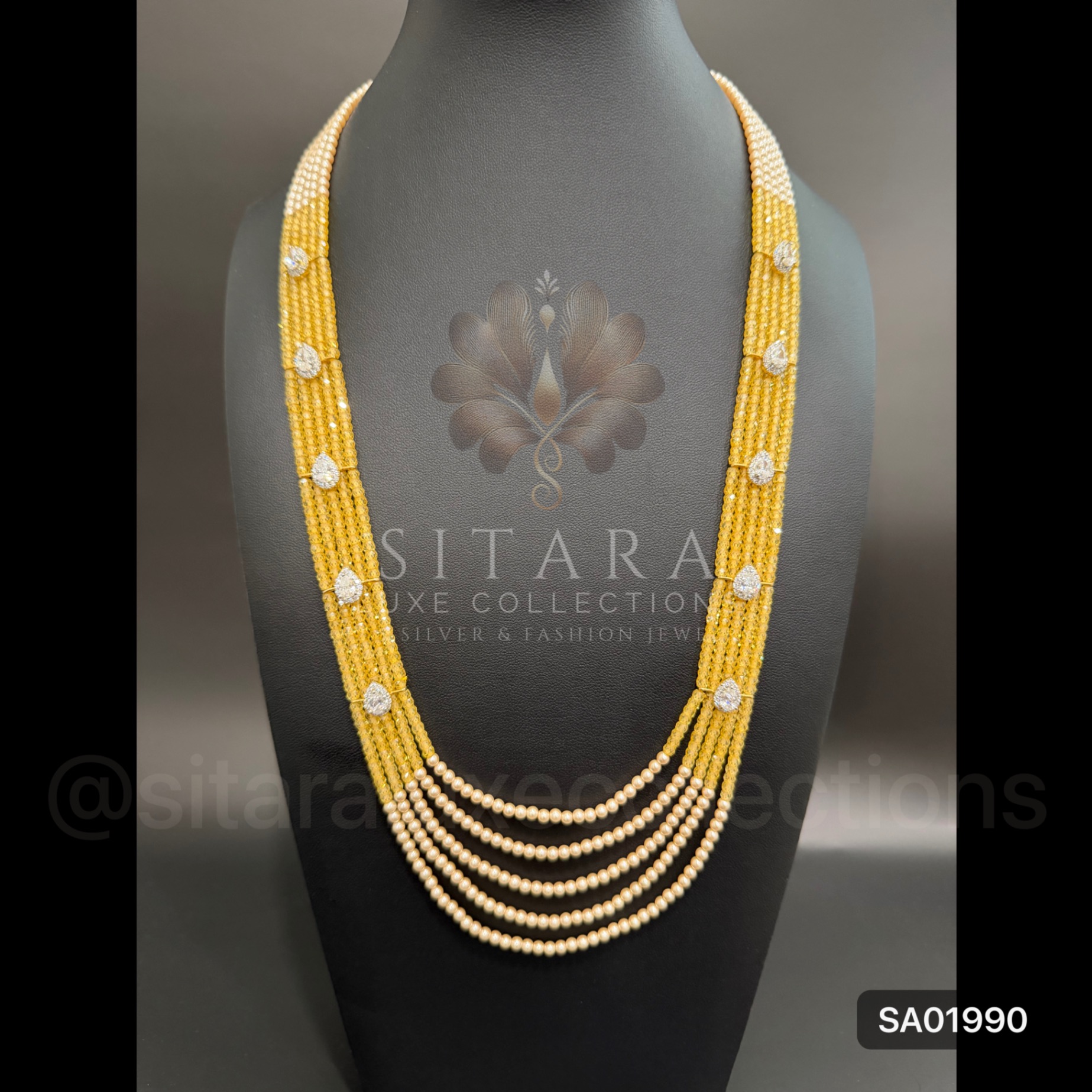5 Line Swarovski Pearl And Yellow CZ Bead Mala